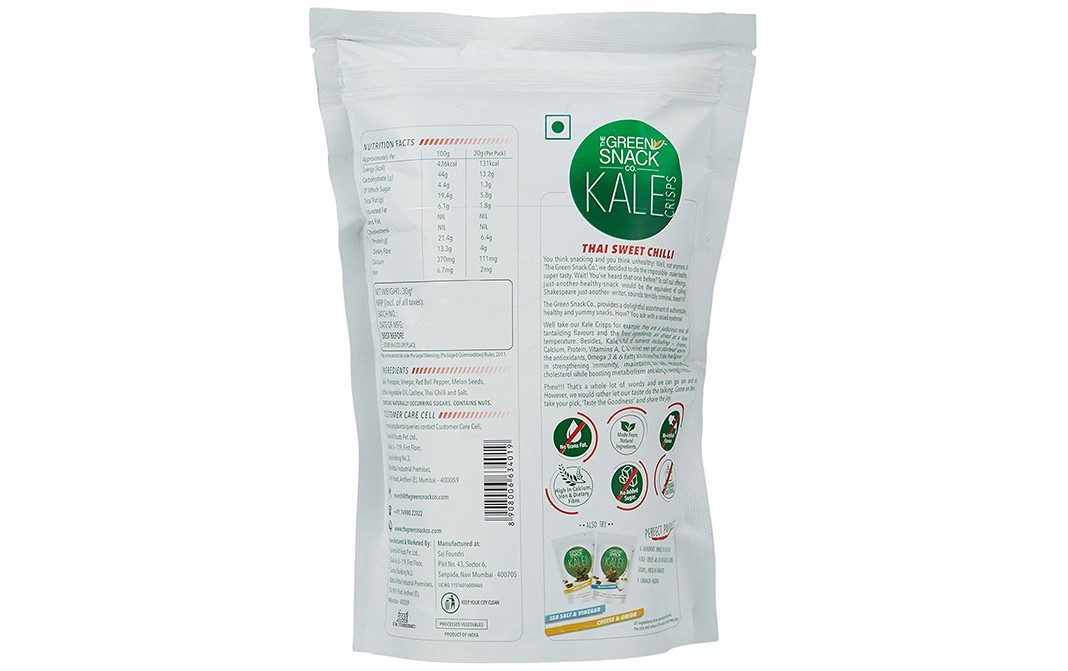 The Green Snack Co Kale Crisps Thai Sweet Chilli   Pack  30 grams